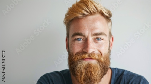 A close-up portrait of a man with a styled beard and a warm, engaging smile, his blue eyes sparkling with charisma against a minimalist backdrop