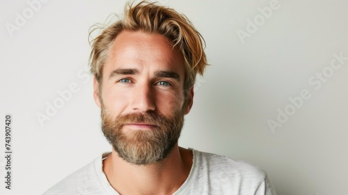 A close-up portrait of a man with a styled beard and a warm, engaging smile, his blue eyes sparkling with charisma against a minimalist backdrop photo