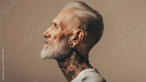 portrait of a seriously senior woman with tattoos, old male model, aging model, well groomed senior man