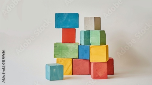 A collection of vibrant building blocks stacked up against a plain white backdrop  waiting to be arranged into imaginative structures.
