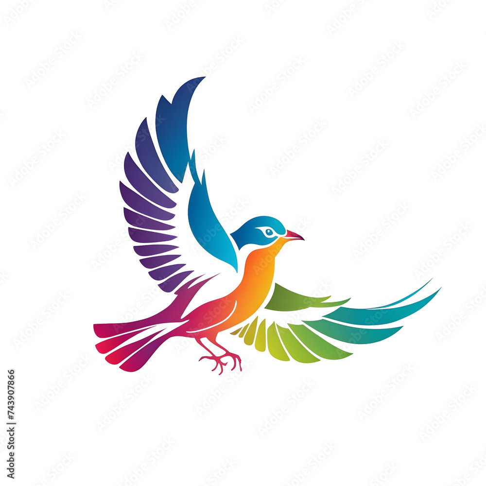 Vector illustration of a rainbow bird in flight, white background