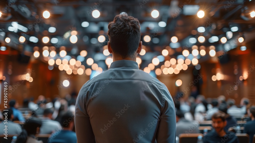Back view of a male speaker at a business conference addressing a room full of attentive participants. Back view of a male speaker at a business conference addressing a room full of attentive participants.