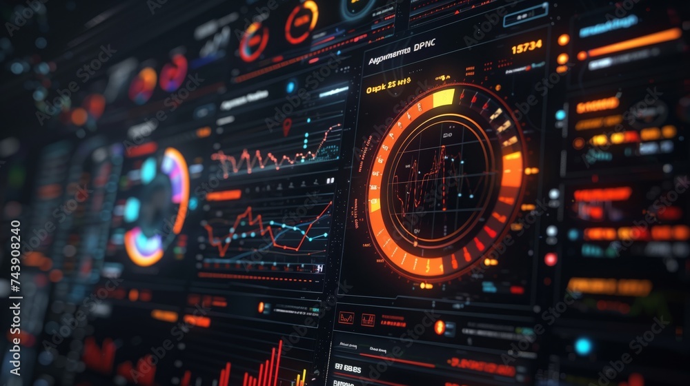 Close-up of a high-tech futuristic interface with glowing elements and complex data analytics visualizations.