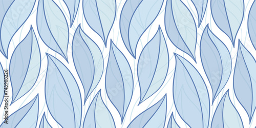 Blue Leaves Pattern. Watercolor leaves seamless vector background, wavy jungle print