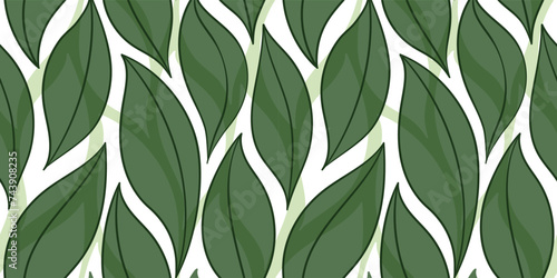 Green leaves seamless vector pattern. Watercolor tea leaf background, textured jungle print