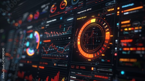 Close-up of a high-tech futuristic interface with glowing elements and complex data analytics visualizations.