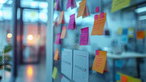 Colorful sticky notes on glass wall in a modern office during a creative brainstorming session.