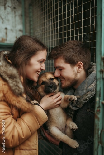 Happy Couple Adopting Puppy from Shelter.