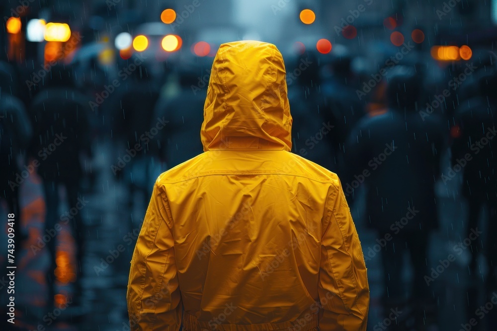 Person in Yellow Raincoat on Rainy City Street. Rear view of a solitary figure in a bright yellow raincoat standing out against a rainy, blurred city street scene. Person in Yellow Raincoat on Rainy City Street. Rear view of a solitary figure in a bright yellow raincoat standing out against a rainy, blurred city street scene.