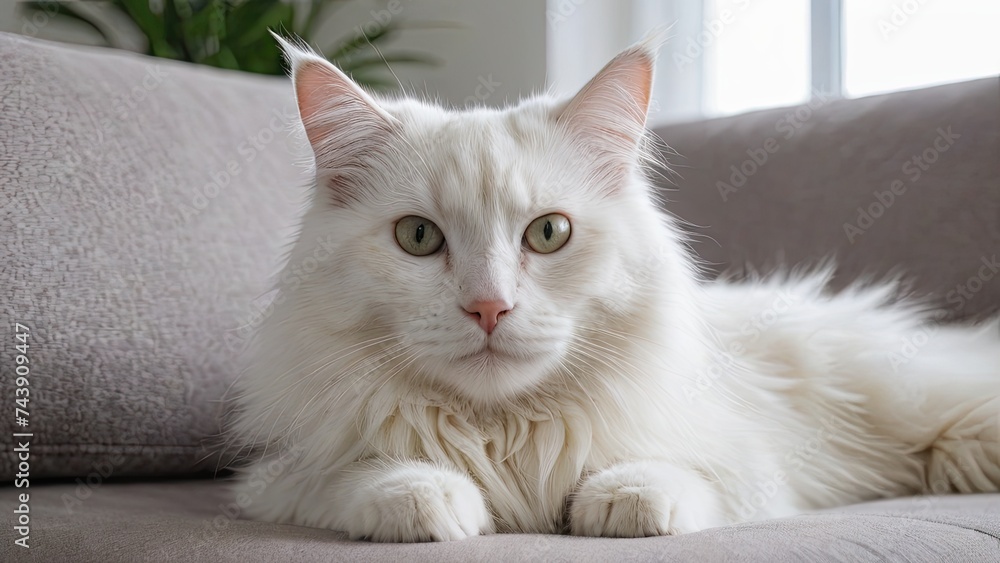 White norwegian forest cat lying on sofa at home