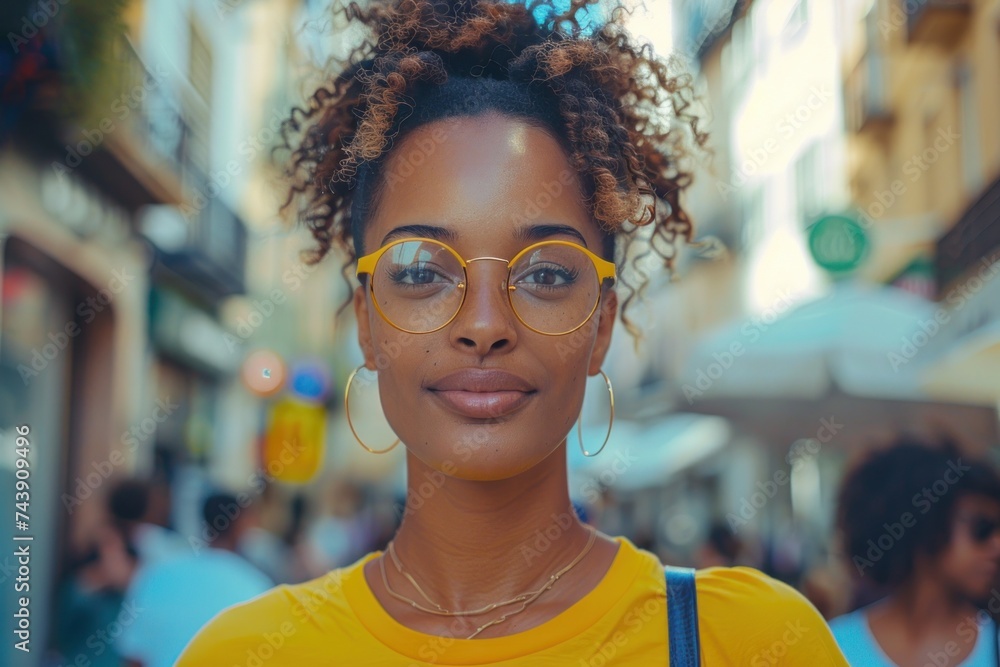 Stylish Woman with Glasses in Urban Setting. Fashionable young woman with curly hair and glasses on a busy street.