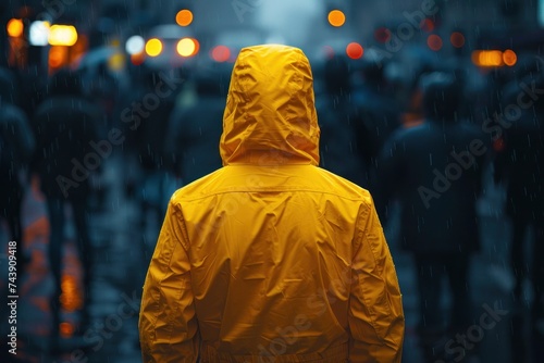 Person in Yellow Raincoat on Rainy City Street. Rear view of a solitary figure in a bright yellow raincoat standing out against a rainy, blurred city street scene.