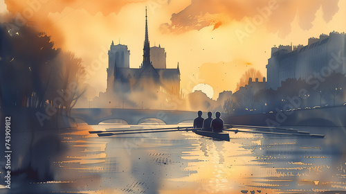 Three silhouetted people rowing on calm waters with the Notre-Dame Cathedral in the background during a scenic Paris sunset, ideal for travel-themed designs and backgrounds
