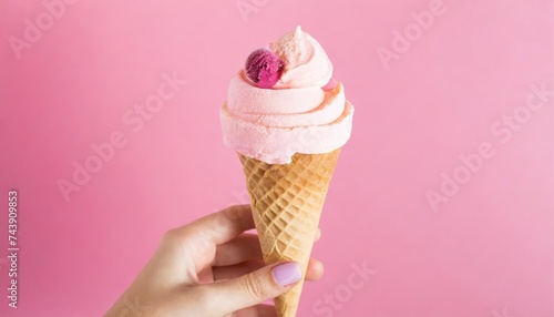 female Hand holding with strawberry ice cream cone pink background summer concept minimal