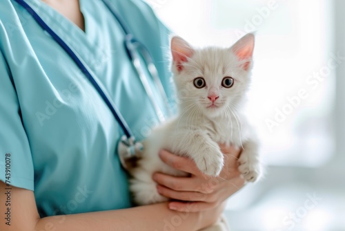 Caring Vet Holding a White Domestic Cat..