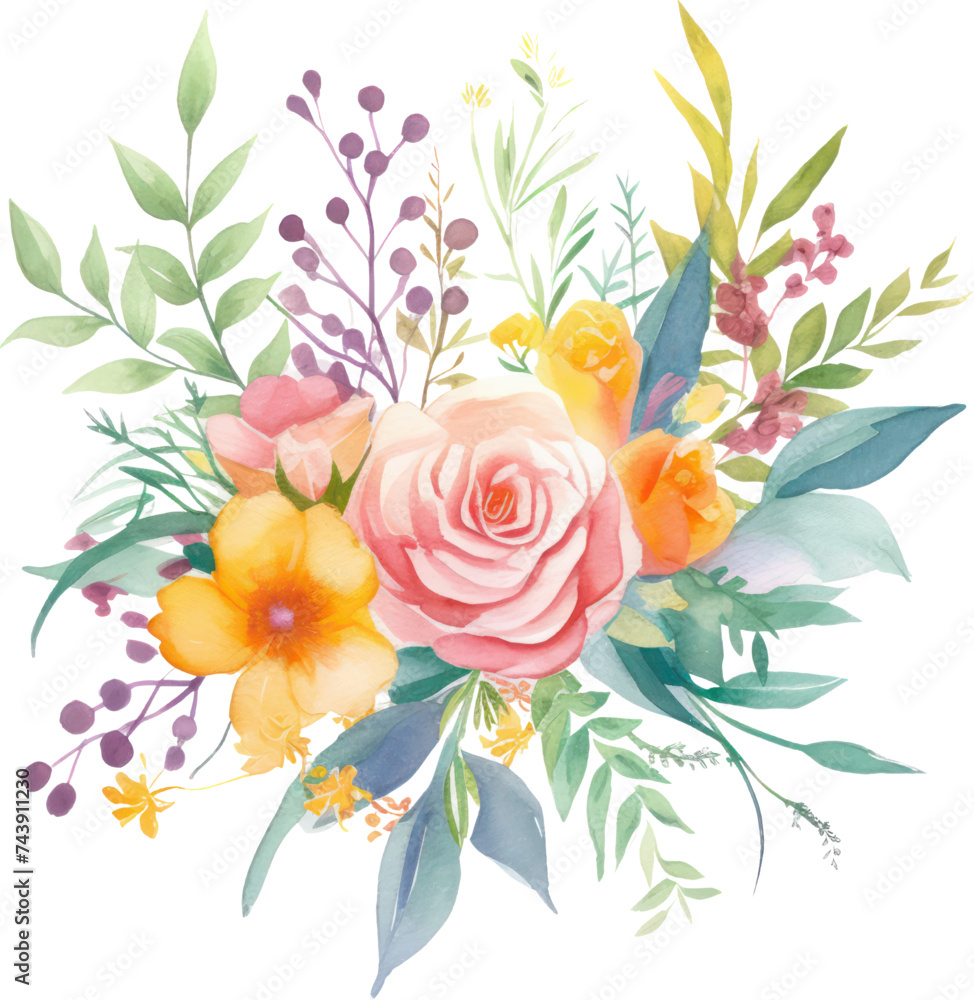 Watercolor flowers bouquets isolated on white background. , bunch of flowers watercolor for Stylish fall wedding bunch of flowers. design card, postcard, textile, flyer