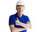 american caucasian adult engineer technician handy man male standing arm cross happy smiling isolated
