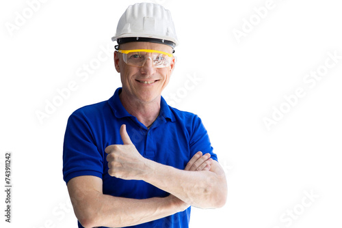 american caucasian adult engineer technician handy man male standing arm cross happy smiling isolated photo