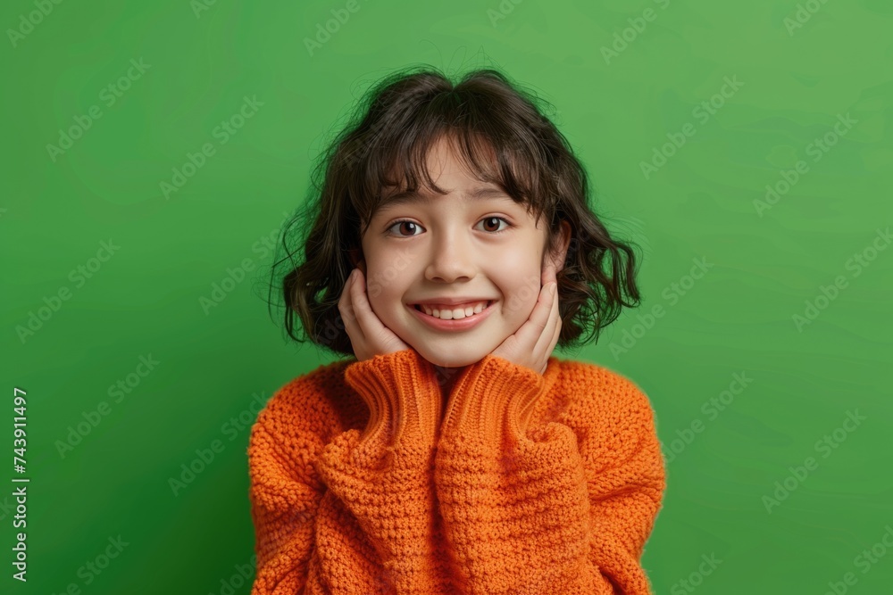 Attractive cheerful girl in soft jumper on green background. Attractive cheerful girl in soft jumper on green background.