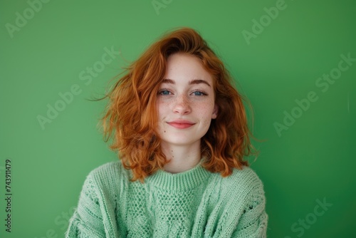 Attractive cheerful girl in soft jumper on green background.