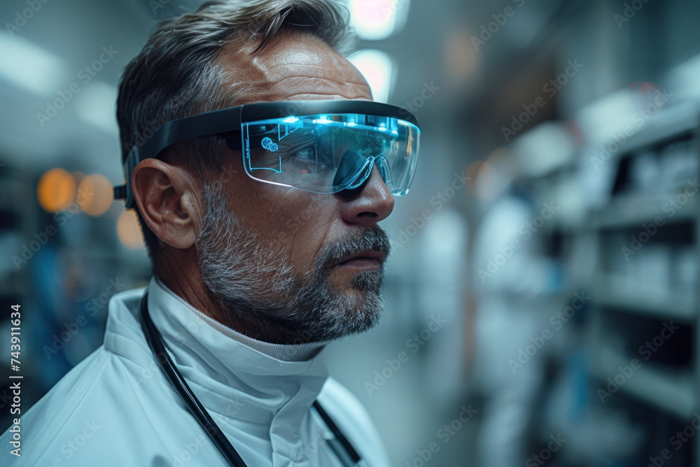 Caucasian man doctor with stethoscope in 3D virtual glasses in modern hospital Caucasian man doctor with stethoscope in 3D virtual glasses in modern hospital