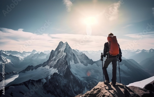 Dressed orange jacket male backpacker enjoying the view and have mountain walk. Tourist with a backpack and mountain panorama. Adventure concept.