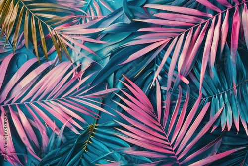 Colorful tropical palm leaf background for summer fashion flat lay. © darshika