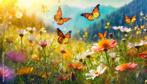 flying many pink butterflies and meadow flowers in early sunny fresh morning. Vintage autumn
