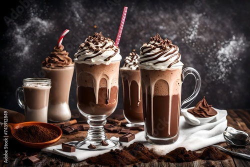  a frosty glass of chocolate milkshake, adorned with whipped cream, chocolate drizzle, and a sprinkle of cocoa powder, creating a tempting summer treat.