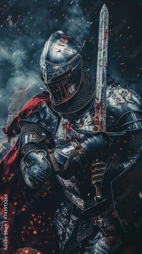 Fototapeta premium A knight wounded but defiant fights on valiantly against overwhelming odds