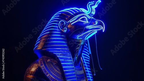 A breathtaking sculpture of the Egyptian god Horus god of the sky and kingship illuminated in neon blue