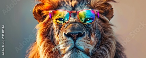 A majestic lion sporting colorful eyeglasses photo