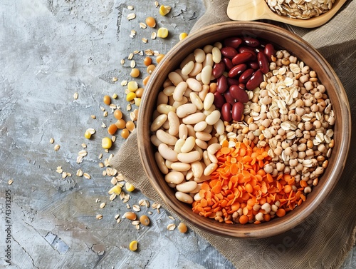 A modern nutrition focused cereal bowl featuring wheat beans and alternative proteins photo