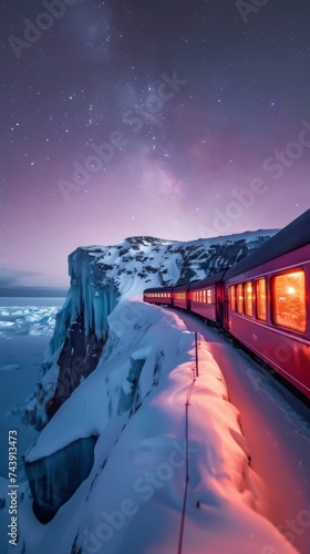 An old fashioned train winding around icy cliffs under the cold starry sky of the North Pole