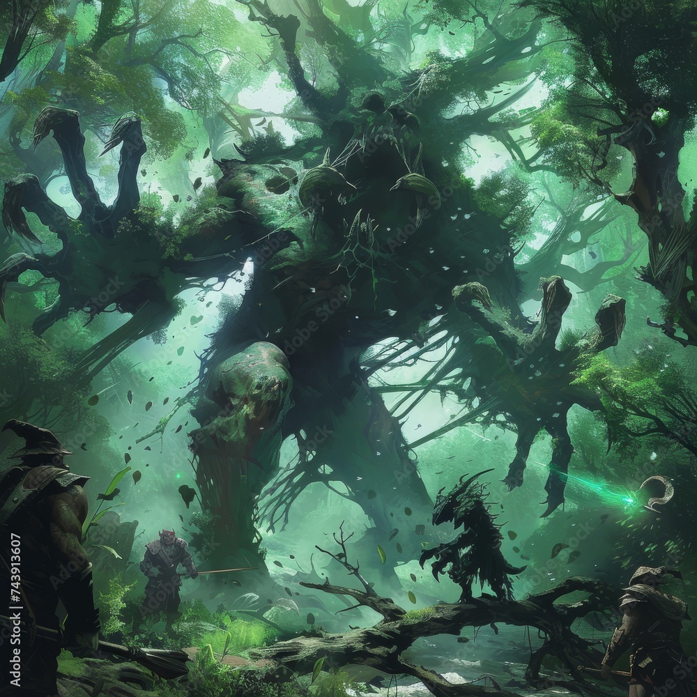 Fototapeta premium Depict a battle raging between a tangle of colossal sentient trees within a magical forest