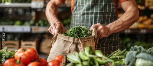 Environmentally conscious cashier packing groceries in a reusable fabric bag photo