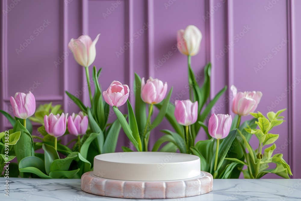 Elegant pink tulips arrangement with a round blank pedestal for display on a marble surface, against a textured purple background, perfect for spring-themed designs with copy space Elegant pink tulips arrangement with a round blank pedestal for display on a marble surface, against a textured purple background, perfect for spring-themed designs with copy space