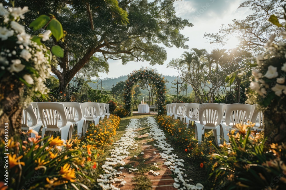 Spring wedding ceremony settings in the garden with flowers Spring wedding ceremony settings in the garden with flowers