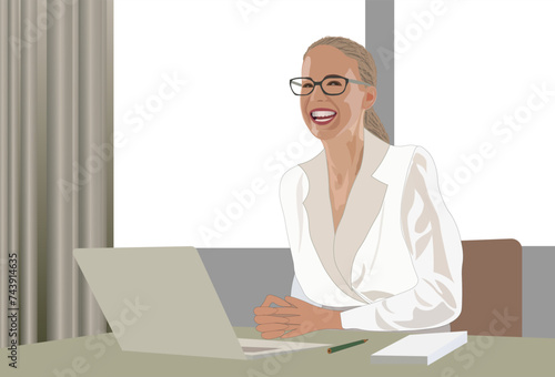 A young business woman wearing glasses and a white suit sits at a table in the office and laughs. Vector illustration.