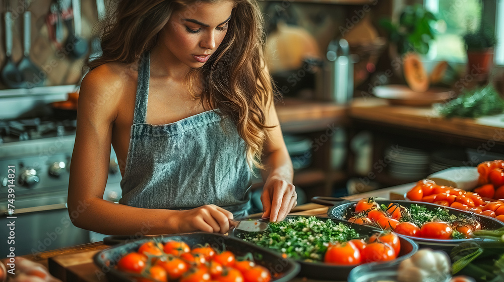 Beautiful young woman prepared a fresh healthy vegan salad with many vegetables in the kitchen at home and trying a new recipe.
