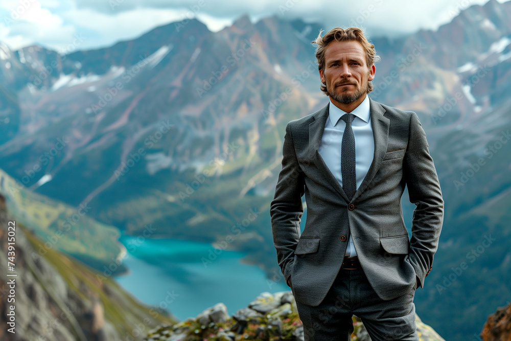 portrait of a successful businessman against the backdrop of mountains portrait of a successful businessman against the backdrop of mountains