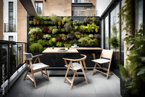 A contemporary balcony with a vertical garden, a small table, and foldable chairs