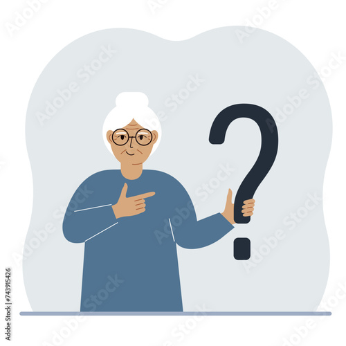 A woman is holding a question mark symbol. Ask questions and look for answers. FAQ or frequently asked questions concept, online support center.