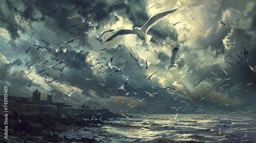 A flock of seagulls circling above a bustling harbor, their plaintive cries echoing against the backdrop of a stormy sky heavy with dark clouds, a harbinger of impending inclement weather. photo