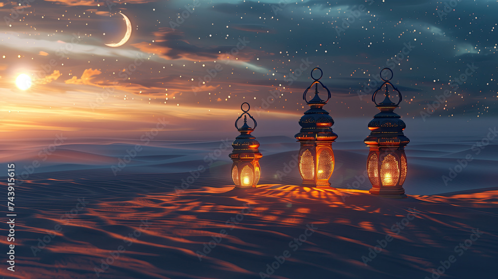 three arabian lanterns in the sand with crescent moon and twinkling stars. ramadan kareem holiday celebration concept three arabian lanterns in the sand with crescent moon and twinkling stars. ramadan kareem holiday celebration concept