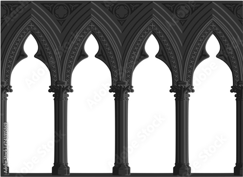 Gothic decorated arcade painting. Grey scale illustration of ornamented triforium; vector