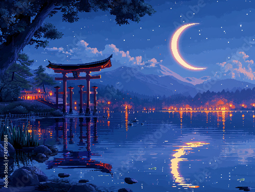 Pixel art of a big crescent moon on the night sky 