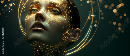 Advertising banner for a cosmetology clinic. golden threads cover the face of a beautiful woman. golden particles, golden waves. dark background photo