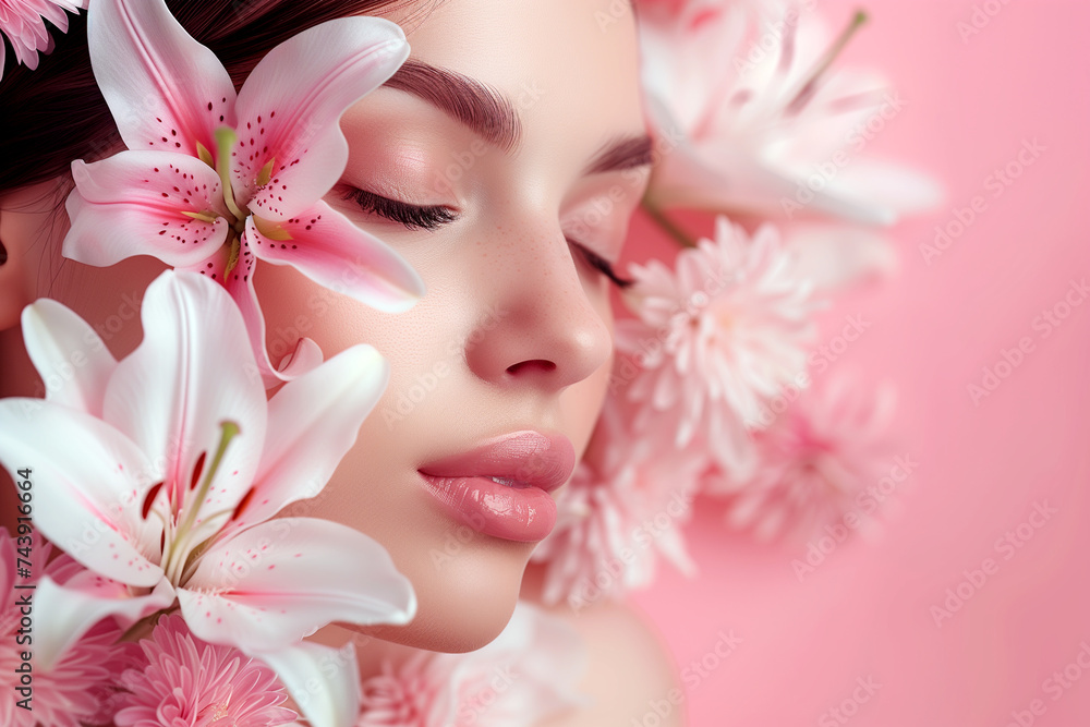 Beauty close-up portrait of a woman with flowers over her head . Wreath of flowers Spring Summer Fashion Lifestyle Beauty close-up portrait of a woman with flowers over her head . Wreath of flowers Spring Summer Fashion Lifestyle