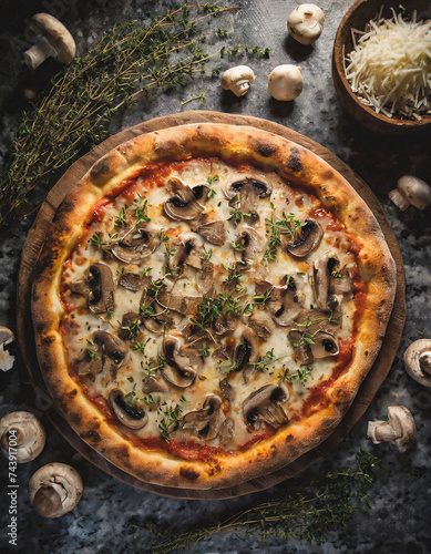 Pizza Funghi mit Champignons Thymian und Parmesan meisterhaft auf dunklem Granittisch arrangiert Darkfood-Ästhetik vereint herzhaften Pilzgeschmack mit frischen Kräutern und würzigem Parmesan